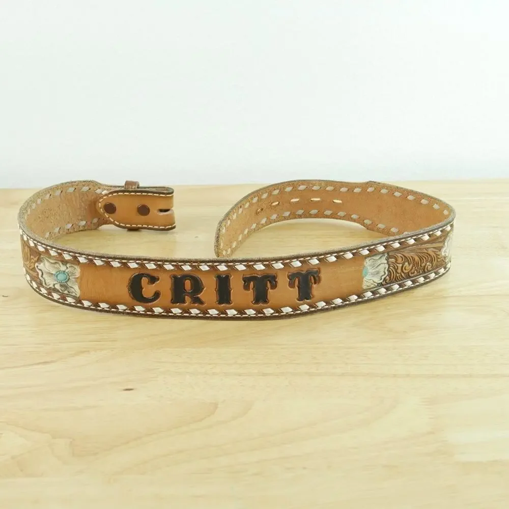 Vintage Tony Lama Western Belt‎ Tooled Leather CRITT Painted Cowboy Size 30 USA